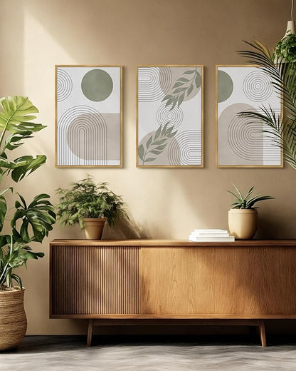 Drsoum Green Botanical Boho Wall Art Framed Modern Bohemian Sage Wall Decor Abstract Geometry Lines Prints Ready to Hang 16x24in Natural Framed