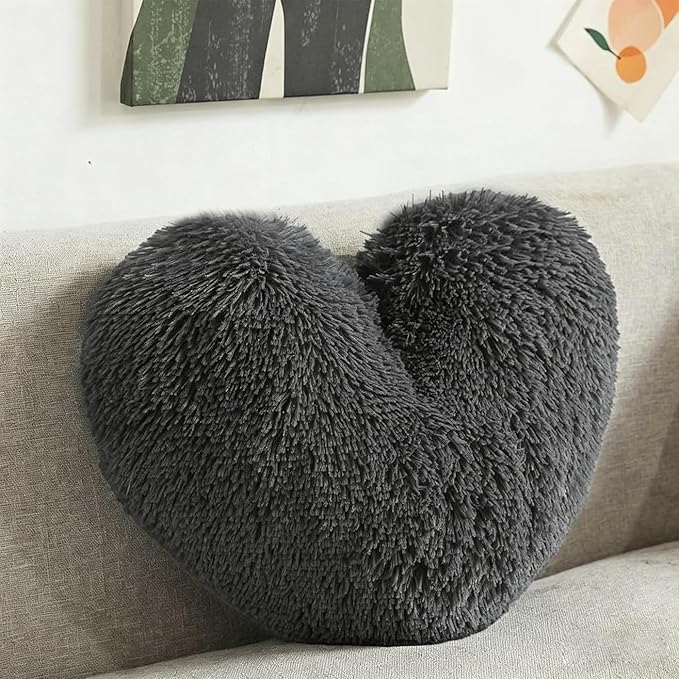 MorroMorn Fluffy Heart Throw Pillows, Shaggy Decorative Pillow for Sofa Couch Bed, Cute Room Decor Decorations for Women Girls Kids (Gray)