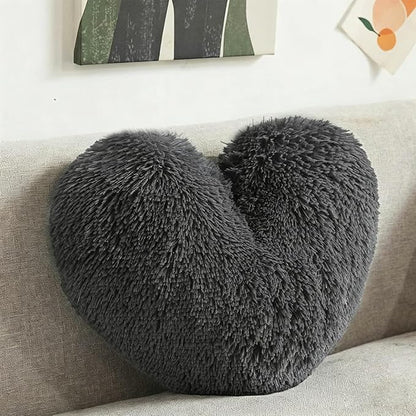 MorroMorn Fluffy Heart Throw Pillows, Shaggy Decorative Pillow for Sofa Couch Bed, Cute Room Decor Decorations for Women Girls Kids (Gray)