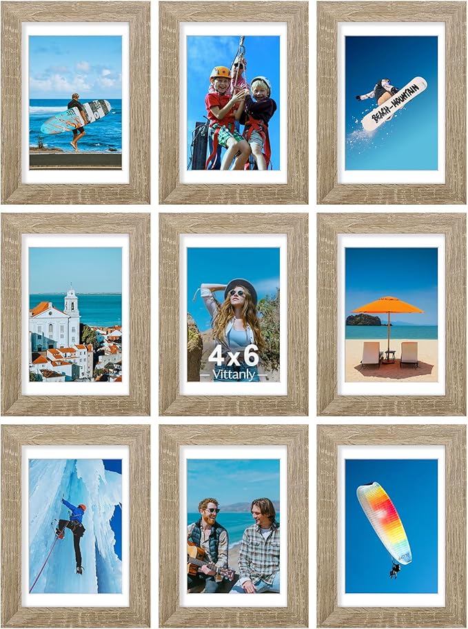 Vittanly 4x6 Picture Frames Set of 9, Display 3.5x5 Pictures with Mat or 4x6 without Mat, Photo Frames for Wall or Tabletop with Plexiglass, Engineered Wood, Light Wood