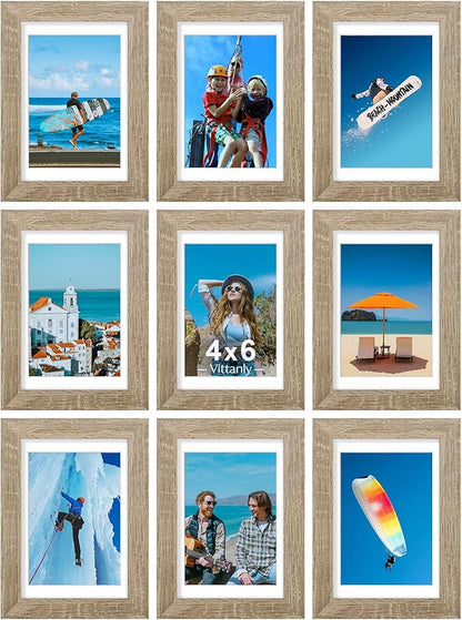 Vittanly 4x6 Picture Frames Set of 9, Display 3.5x5 Pictures with Mat or 4x6 without Mat, Photo Frames for Wall or Tabletop with Plexiglass, Engineered Wood, Light Wood
