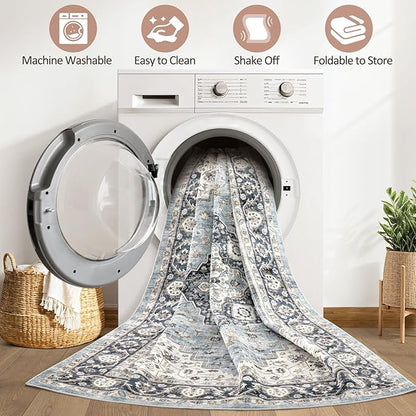 10x13 Area Rug Living Room: Washable Boho Large Neutral Vintage Soft Rug Stain Resistant Farmhouse Non-Slip Indoor Floor Carpet for Bedroom Nursery Kids Office Dining Room Home House- Blue Tan
