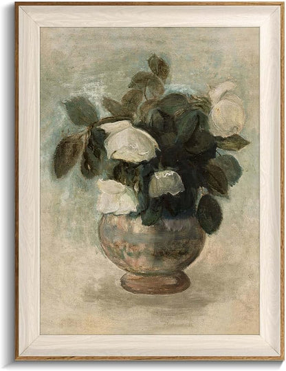 Uniro Vintage Floral Wall Art Framed, Neutral Flower Still Life Oil Painting, White Roses Canvas Prints Artwork with Antique Frame, Farmhouse Wall Decor for Bedroom, Kitchen, Shelf, Bathroom Wall Decor, Cottagecore Room Decor - 12x16Inch