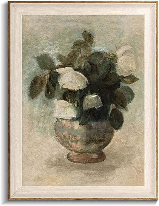 Uniro Vintage Floral Wall Art Framed, Neutral Flower Still Life Oil Painting, White Roses Canvas Prints Artwork with Antique Frame, Farmhouse Wall Decor for Bedroom, Kitchen, Shelf, Bathroom Wall Decor, Cottagecore Room Decor - 12x16Inch