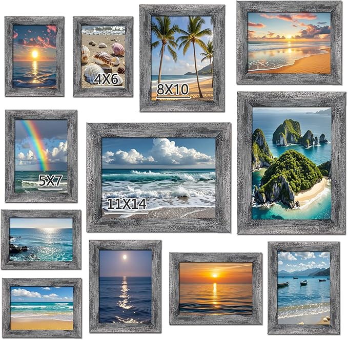 xnlkros 12 pack assorted gallery wall picture frame,rustic farmhouse wood picture frames multiple sizes including 4x6, 5x7, 8x10, 11x14, Ideal for living room hanging or tabletop display,Rustic Black