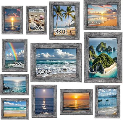 xnlkros 12 pack assorted gallery wall picture frame,rustic farmhouse wood picture frames multiple sizes including 4x6, 5x7, 8x10, 11x14, Ideal for living room hanging or tabletop display,Rustic Black