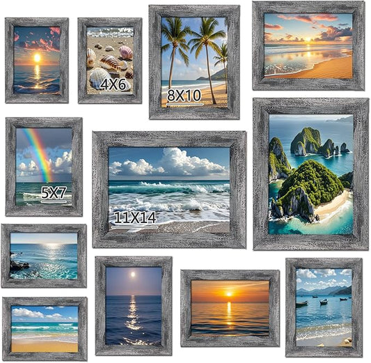 xnlkros 12 pack assorted gallery wall picture frame,rustic farmhouse wood picture frames multiple sizes including 4x6, 5x7, 8x10, 11x14, Ideal for living room hanging or tabletop display,Rustic Black