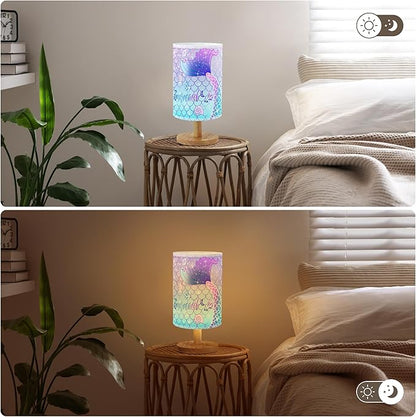 Rainbow Scales Mermaid Bedside Table Lamp for Bedroom with USB Port, Cute Cozy Kids Nightstand Lamp with Wood Base Polyester Fabric Shade for Living Room Dorm Desk (Rainbow02)