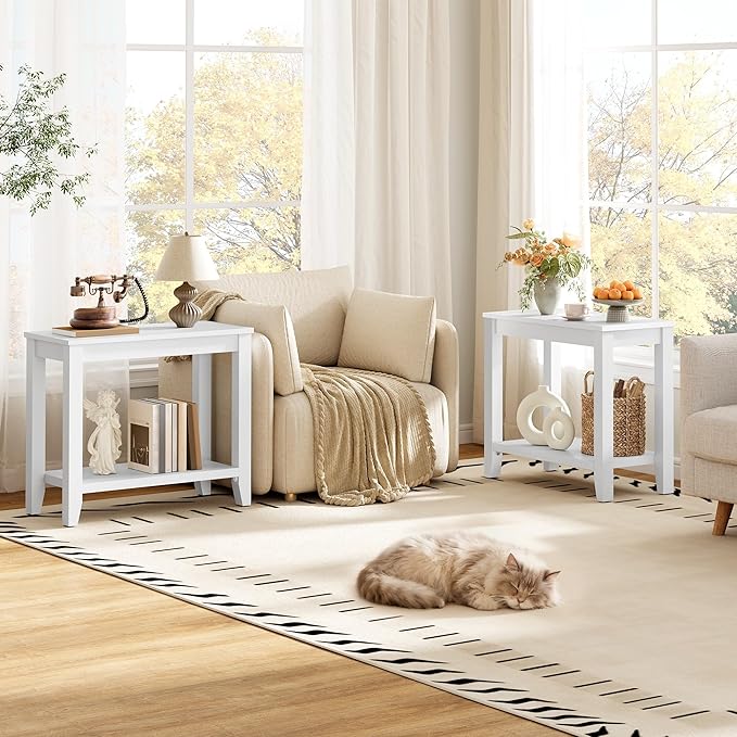Hoctieon End Table with Double Storage Shelves, Sturdy Wooden Side Table for Living Room, Bedroom, Modern Nightstand Sofa Table for Small Spaces, White, Set of 2