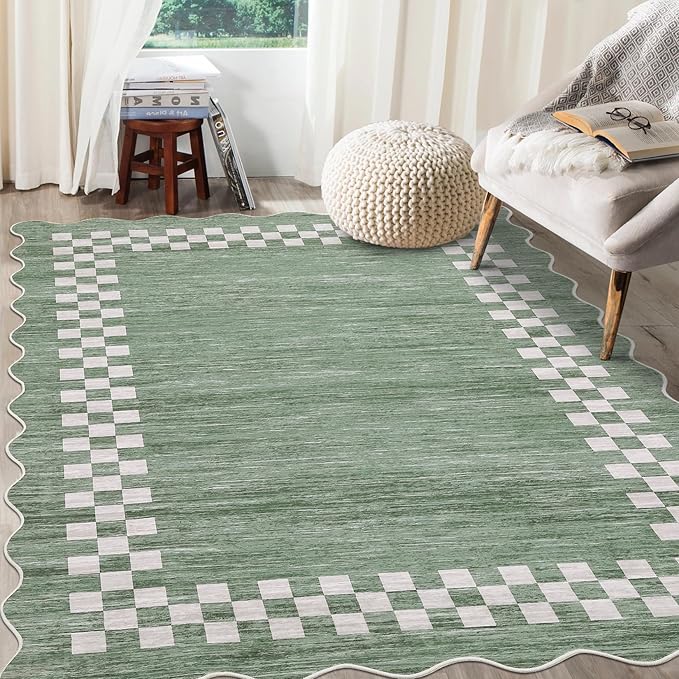 Small Bedroom Area Rug 3x5 Checkered Area Rug for Living Room Nursery Non Slip Kitchen Throw Carpet Low Pile Modern Bordered Rugs Washable Bathroom Mat Soft Brown Rugs for Laundry Entryway, Green