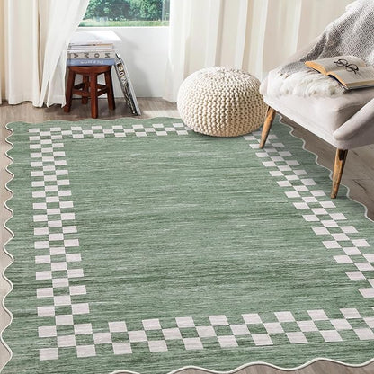 Small Bedroom Area Rug 3x5 Checkered Area Rug for Living Room Nursery Non Slip Kitchen Throw Carpet Low Pile Modern Bordered Rugs Washable Bathroom Mat Soft Brown Rugs for Laundry Entryway, Green