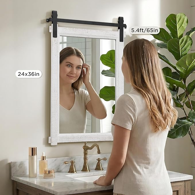 Besdomus Bathroom Farmhouse Wall Mirror: 24"x36" White Farmhouse Solid Cedar Wood Frame - Wall Vanity Mirror for Bedroom/Entryway/Bathroom Upgrade - Rustic Wall Decor for Homemakers