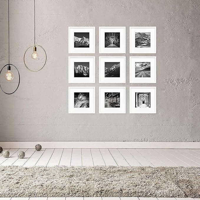 Hongkee 12x12 White Picture Frame set of 3, Made of Real Glass and Wooden Square Photo frame - Displays Picture 8x8 With Mat or 12 x 12 Without Mat, Desktop & Wall Collage Photo Frame