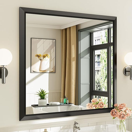 Briivue 40x38 Inch Black Bathroom Mirror for Wall, Thick Metal Framed Rectangle Mirrors for Over Sink, Bedroom, Living Room, Entryway, Anti-Rust, HD Tempered Glass