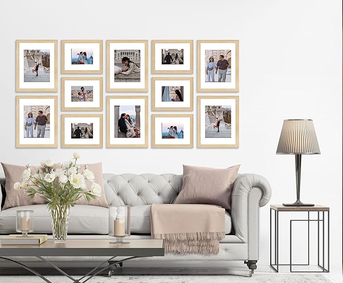 VELISTA 12 Piece Large Rectangle Gallery Wall Frame Set - Rustic Photo Frame Set with Mat 8x10/11x14" - Picture Frame Set for Wall Collage made of Composite Wood – Farmhouse Assorted Picture Frames(Oak)