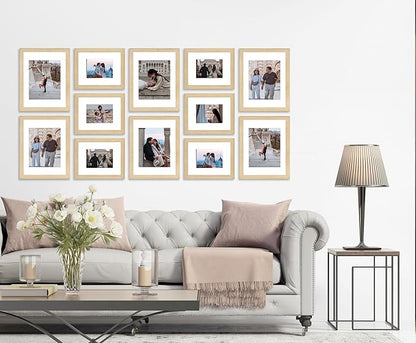VELISTA 12 Piece Large Rectangle Gallery Wall Frame Set - Rustic Photo Frame Set with Mat 8x10/11x14" - Picture Frame Set for Wall Collage made of Composite Wood – Farmhouse Assorted Picture Frames(Oak)