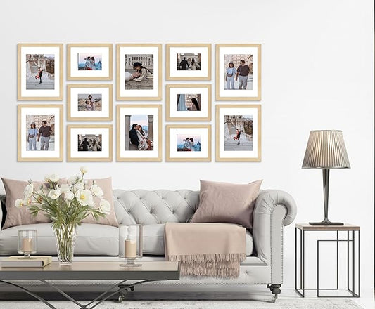 VELISTA 12 Piece Large Rectangle Gallery Wall Frame Set - Rustic Photo Frame Set with Mat 8x10/11x14" - Picture Frame Set for Wall Collage made of Composite Wood – Farmhouse Assorted Picture Frames(Oak)