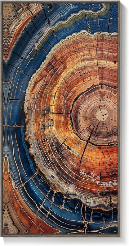 Framed Vertical Colorful Tree Ring Living Room Wall Art, Large Vintage Farmhouse Wood Stump Canvas Artwork for Walls, Rustic Nature Tree Ring Painting Print for Office Kitchen Foyer Stair Wall Decor, 20x40 Inch