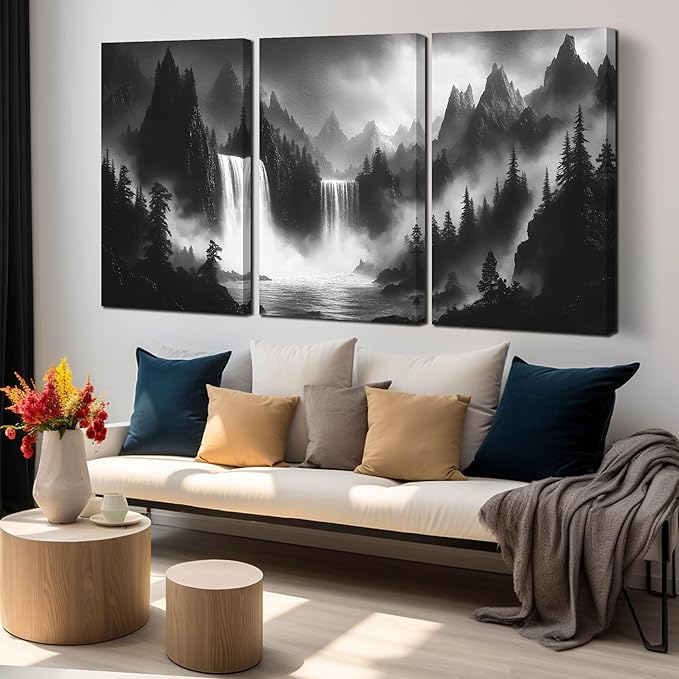 CIRABKY Waterfall Canvas Wall Art for Living Room - Mountains Pictures Wall Art for Office - Modern 3 Piece Large Wall Art for Bedroom Size 24" x 36"