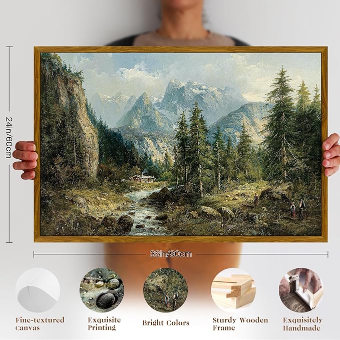 crmotu Landscape Framed Wall Art, Mountain Forest Canvas Art Prints, Pine Tree Vintage Oil Paintings, Riverside Rustic Farmhouse Decor Large Artwork, Wall Pictures for Living Room Bedroom 24x36in