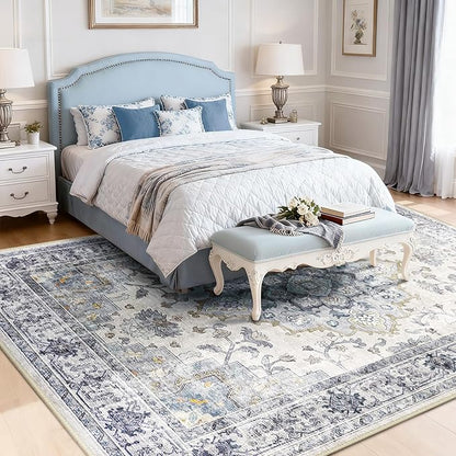 CAPALOCA Machine Washable Rugs Nursery Rug 9x12 Area Rugs Girl Non Slip Low Pile Water Repellent Soft Print Pattern for Bedroom Indoor Decor Kids Playroom Blue White