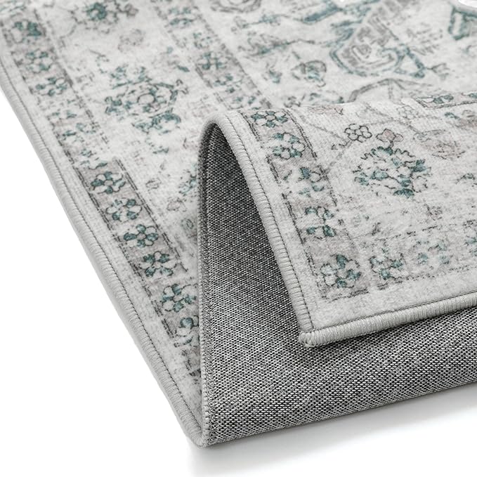 PureCozy Blue 6x9 Area Rug Vintage Washable Living Room Carpet Non Slip Bedroom Indoor Office Low Pile Large Traditional Distressed Retro Accent Rug for Dining Room Bathroom Kitchen