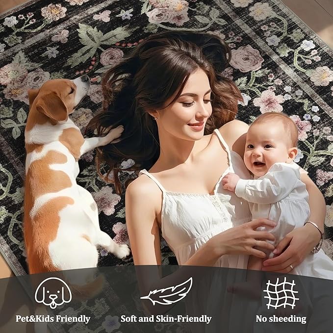 Maxsoft Large Area Rugs for Living Room Bedroom, 5x7 Washable Floral Area Rugs, Non-Slip and Stain Resistant Soft Throw Indoor Carpet for Dining Room Office Kitchen Dorm Home Decor, Black