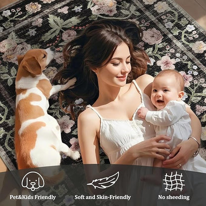 Maxsoft Large Area Rugs for Living Room Bedroom, 5x7 Washable Floral Area Rugs, Non-Slip and Stain Resistant Soft Throw Indoor Carpet for Dining Room Office Kitchen Dorm Home Decor, Black