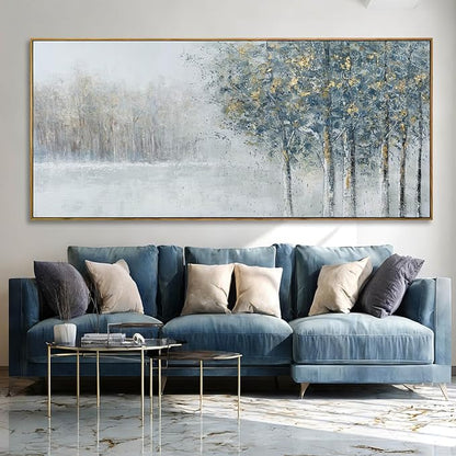 ZENPEE Blue Abstract Wall Art and Grey Tree Textured Forest Scene, 32x71 Oversized Canvas Wall Decor for Living Room Bedroom Entryway
