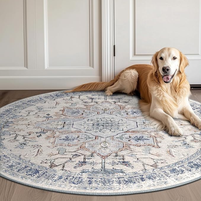 BESTSWEETIE 4ft Area Rug Washable Rugs for Living Room, No Pile Boho Carpet for Entryway Bedroom Dinning Room, Vintage Carpet Print Distressed Non-Slip, 48" Round, Beige Blue
