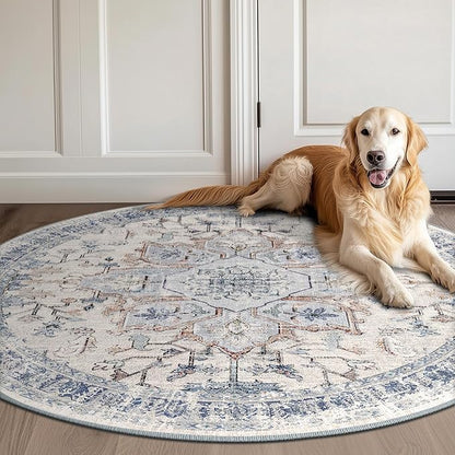 BESTSWEETIE 4ft Area Rug Washable Rugs for Living Room, No Pile Boho Carpet for Entryway Bedroom Dinning Room, Vintage Carpet Print Distressed Non-Slip, 48" Round, Beige Blue