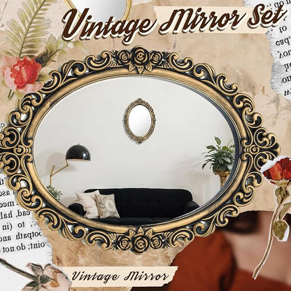Beeveer 1 Style Vintage Mirrors Set Decorative Oval Wall Mirror Small Antique Mirrored Tray Decorative Hanging Mirror for Bathroom Bedroom Jewelry Organizer Victorian Decor (Oval,Antique Gold)