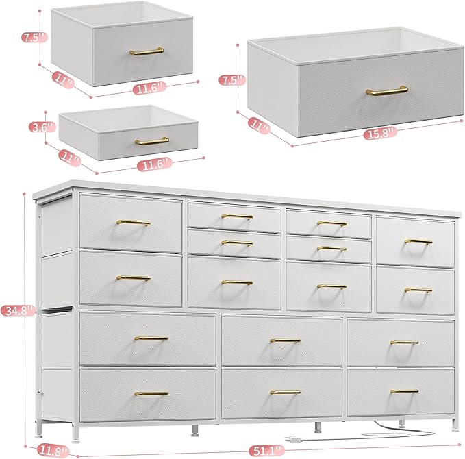 16 Drawers Long Dresser for Bedroom, 51"W Dressers with Power Outlets for 60"Inch TV for Living Room, Entertainment Center with Storage, Media TV Stand Console Table 51.1''W*11.8''D*34.8''H, White