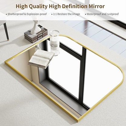 Gold Arched Top Wall Mounted Mirror - 48 x 30 Inch Round Cruved Top Bathroom Vanity Mirror, Aluminum Metal Framed, Home Decor for Living Room, Bedroom, Fireplace, Mantle, Entryway