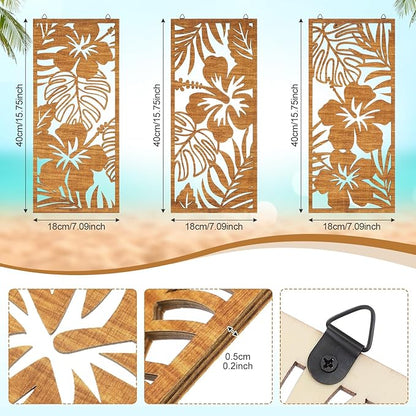 Threehoney 3 Pcs Tropical Wall Decor 3d Wooden Palm Leaf Wall Art Monstera Sculptures Wood Hibiscus Flowers Hanging Decor Vintage Plant Plaque for Home Bathroom 7.09 x 15.75 Inch(Classic Style)