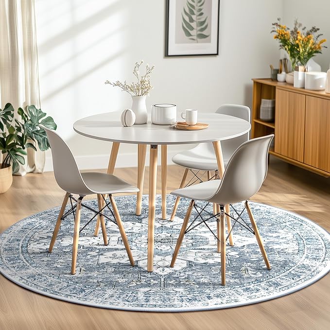 BESTSWEETIE 8ft Area Rug Washable Rugs for Living Room, No Pile Boho Carpet for Entryway Bedroom Dinning Room, Vintage Carpet Print Distressed Non-Slip, 96" Round, Blue Grey White