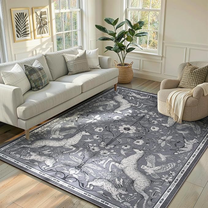 Lahome 5x7 Washable Deer Rug, Dorval Boho Woodland Vintage Area Rug, Non Slip Low Pile Soft Grey Carpet for Living Room Bedroom Nursery Dining Room Kitchen Farmhouse Home Decor