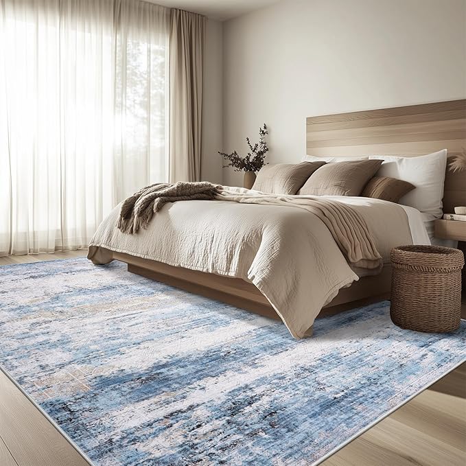 5x7 Area Rug Living Room Rugs - Washable Rug Large Modern Abstract Soft Thin Carpets Indoor Floor No Slip Vintage Carpet for Bedroom Under Dining Table Nursery Home Office Decor Blue