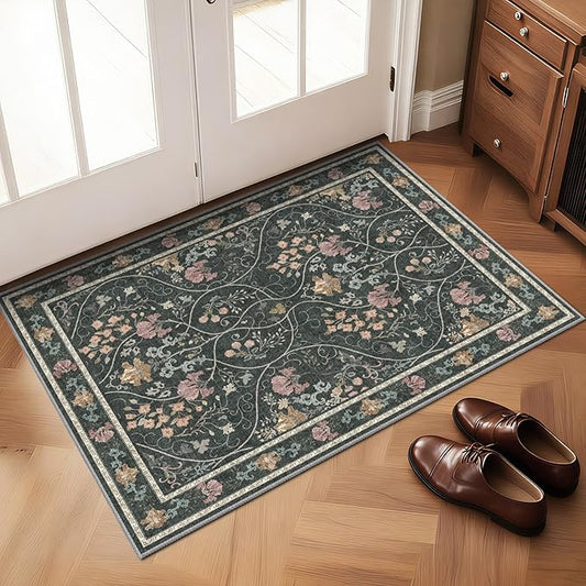 Entryway Rug 2x3 Washable Vintage Floral Rug Non Slip Low Pile Small Rugs, Floral Front Door Rugs for Entrance Kitchen Bedroom Laundry Bathroom Dark Grey