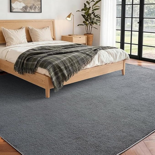 FinRèc 7x10 Washable Area Rugs for Bedroom Living Room, Low Pile Thin Rug Solid Color, Non-Slip Carpet Indoor for Home Decor (Pure Dark Grey)