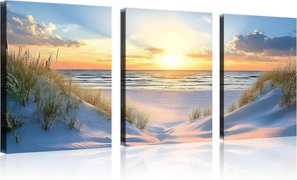 TutuBeer 3 Pcs Beach Pictures Ocean Pictures Wall Decor White Beach with Dunes and Grass Picture Print on Canvas Ocean Seascape Paintings Canvas Art Prints Wall Decor Ready to Hang 12" x 16" x 3