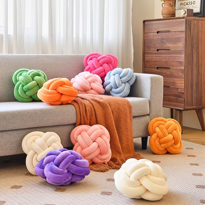 Xuyier Knot Pillow Ball, Decorative Throw Pillows with Velvet Fabric for Couch Bed, 12" Decor Knotted Square Floor Pillow Cushions for Living Room (12 Inches, Dark Purple)