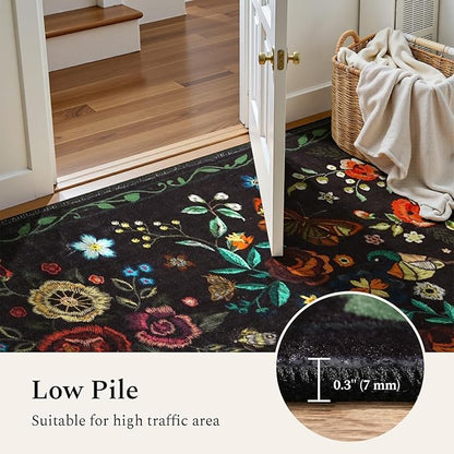 Rugflix 2x3 Small Area Rugs for Entryway, Washable Entrance Door Mat Non-Slip, Soft Low Pile Stain Resistant Vintage Floral Indoor Throw Rug for Kitchen, Bedroom, Hallway, Black