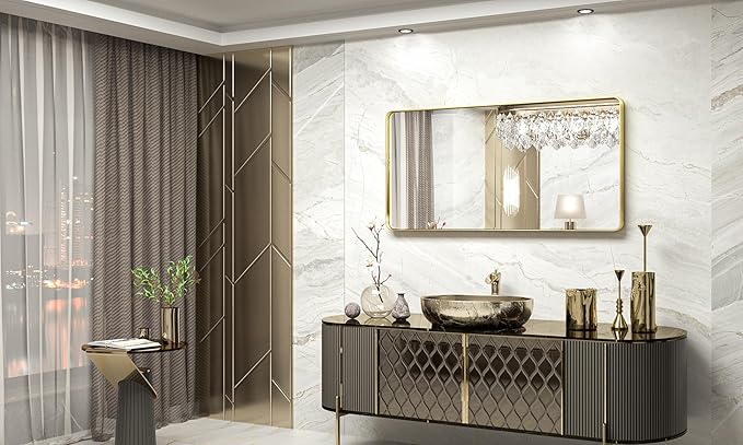 TokeShimi Bathroom Vanity Mirror 48 x 24 Inch Gold Metal Frame Round Corner Rectangular for Home Decor Living Room Entryway (Horizontal/Vertical)