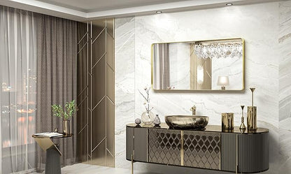 TokeShimi Bathroom Vanity Mirror 48 x 24 Inch Gold Metal Frame Round Corner Rectangular for Home Decor Living Room Entryway (Horizontal/Vertical)