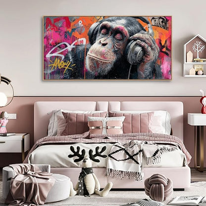 Sorbrozo DJ Gorilla Canvas Wall Art with Wood Frame - Vibrant Street Graffiti Animal Painting Music Themed Ready to Hang Decor for Living Room Bedroom & Man Cave 20x40in
