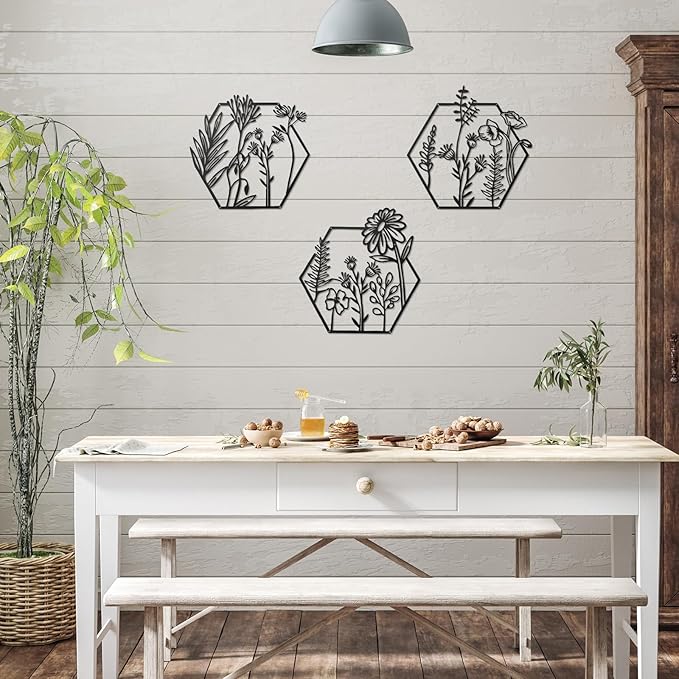 Peryiter 3 Pcs Metal Flower Wall Decor Minimalist Floral Wall Hanging Decor Metal Flower Rustic Floral Art for Spring Living Room Bathroom Kitchen Indoor Outdoor(Black)