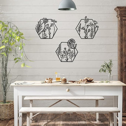 Peryiter 3 Pcs Metal Flower Wall Decor Minimalist Floral Wall Hanging Decor Metal Flower Rustic Floral Art for Spring Living Room Bathroom Kitchen Indoor Outdoor(Black)