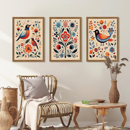 Scandinavian Folk Wall Art Nodic Flower Canvas Wall Decor Norwegian Wall Art Poster Swedish Antique Wall Decor Pictures Floral Bird Prints Vintage Poster for Home Kitchen 12x16x3 Inch Framed
