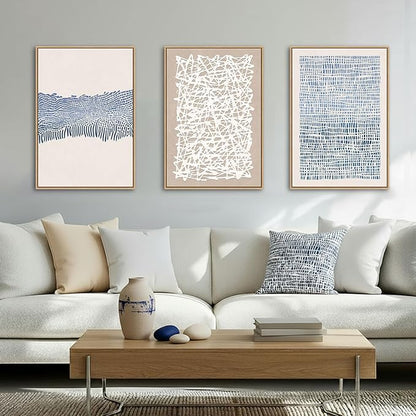 SAFERRYHOME Mid Century Neutral Blue Contrast Boho Wall Art - Modern Framed Canvas Prints Large Abstract Zen Lines Geometric Pattern Decor for Living Room, Home Office, Dining Room - 3 Pieces 24x36 Inch